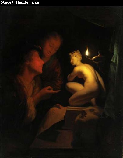 Godfried Schalcken Godfried Schalcken, Two men examining a painting by candlelight